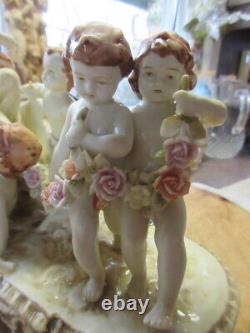 #02 rare Antique Adorable German ceramic porcelain lady 5 cherubs Putti chariot