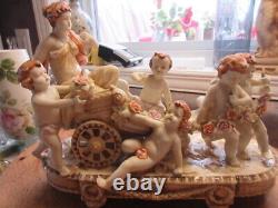 #02 rare Antique Adorable German ceramic porcelain lady 5 cherubs Putti chariot