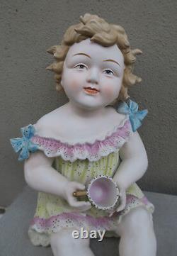 14 Vintage Bisque Porcelain Baby Piano figurine girl dress Cup Bow Germany