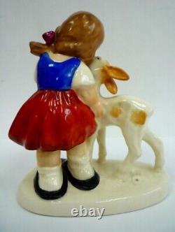 1930s Very Old Vintage Girl Hug & Dance With Roe Deer Porcelain Figurine Germany