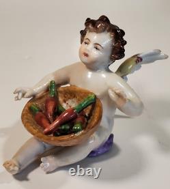 19th C. Antique Dresden Porcelain Cherub Angel Figurine Germany Basket of Carrots
