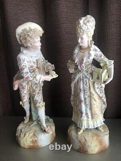 19th Century Volkstedt Rudolstadt Bisque Porcelain Figurines Lovers Couple 18H