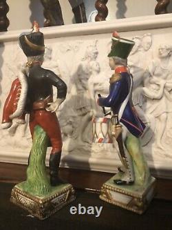 2 Antique Dresden Porcelain Napoleonic Soldier Husar & Drummer Figurines