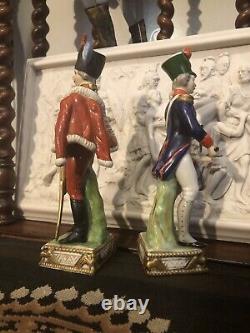 2 Antique Dresden Porcelain Napoleonic Soldier Husar & Drummer Figurines