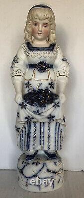 2 Germany Bisque White Blue Gold Victorian Couple Men Women Figurine Height 16