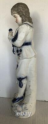 2 Germany Bisque White Blue Gold Victorian Couple Men Women Figurine Height 16