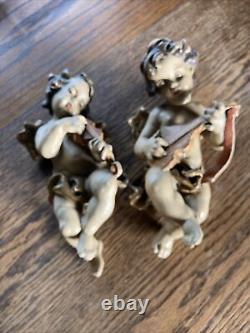 2 Vintage Wooden Cherubs Angels Hand Painted Gilted German ARNI 9 inches Long