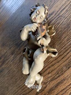 2 Vintage Wooden Cherubs Angels Hand Painted Gilted German ARNI 9 inches Long