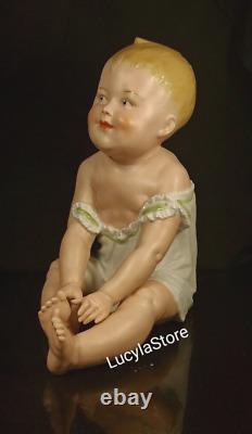 8 in Antique Gebruder Heubach BISQUE Sitting Boy Baby Piano Figurine Fabulous