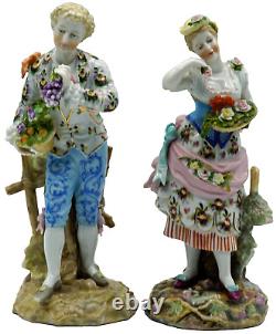 A Pair of Antique Porcelain Figurines Man & Woman Volkstedt Two pitchforks 1800s