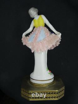 ANTIQUE 19c VOLKSTEDT DRESDEN LACE LADY FIGURINE MOUNTED ON BRASS BASE