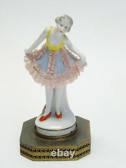 ANTIQUE 19c VOLKSTEDT DRESDEN LACE LADY FIGURINE MOUNTED ON BRASS BASE