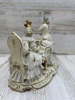 ANTIQUE DRESDEN GERMAN PORCELAIN LACE LADY PLAYING PIANO, MAN with FLUTE, ART