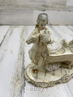 ANTIQUE DRESDEN GERMAN PORCELAIN LACE LADY PLAYING PIANO, MAN with FLUTE, ART