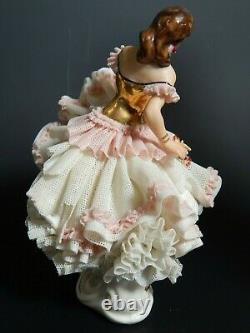 ANTIQUE DRESDEN Lace Porcelain Ballerina Germany 5.75 Gold Gilding AS IS