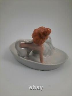 ANTIQUE GERMAN BATHING BEAUTY FIGURINE NAUGHTY RISQUE LADY With CAT FLIPPER DISH
