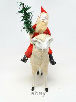 Antique 1930's German Wooly Sheep with Santa, Vintage Putz or Christmas Nativity