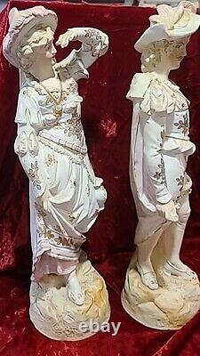 Antique 19th C German Heubach Bisque MUSKETEER & MAIDEN Figurines Pair 17.5