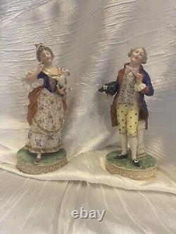 Antique 19th Century Pair Of Dresden Multi-Color Porcelain Colonial Figurines