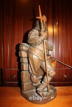 Antique 20 Wooden Carved Medieval Night Guard Watchman Pirate + Lamp Statue