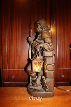 Antique 20 Wooden Carved Medieval Night Guard Watchman Pirate + Lamp Statue