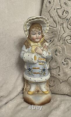 Antique 9.5 Fine German Bisque Figurine W Winter Girl And Doll Muff Christmas