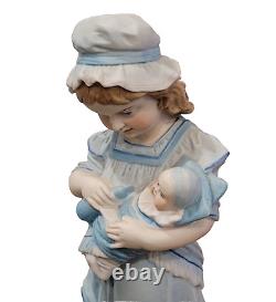 Antique Bisque German Figurine Girl Feeding Baby With Bottle
