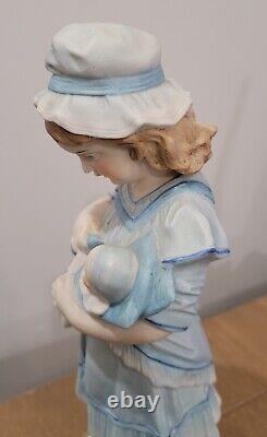 Antique Bisque German Figurine Girl Feeding Baby With Bottle