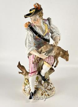 Antique Carl Thieme Dresden German Porcelain Man Shearing Sheep 10H Circa 1888