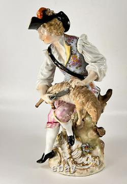 Antique Carl Thieme Dresden German Porcelain Man Shearing Sheep 10H Circa 1888