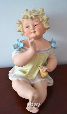 Antique Conta&Boehme BISQUE Porcelain PIANO Baby Figurine GIRL Holding Pear