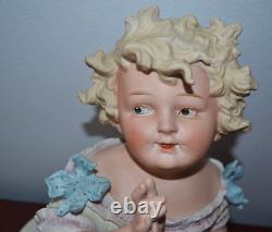 Antique Conta&Boehme BISQUE Porcelain PIANO Baby Figurine GIRL Holding Pear