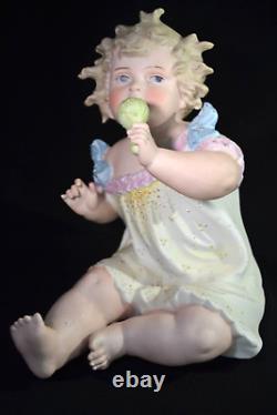 Antique Conta&Boehme BISQUE Porcelain PIANO Baby Figurine GIRL Holding RATTLE