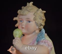 Antique Conta&Boehme BISQUE Porcelain PIANO Baby Figurine GIRL Holding RATTLE