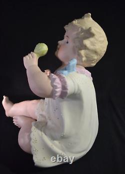 Antique Conta&Boehme BISQUE Porcelain PIANO Baby Figurine GIRL Holding RATTLE