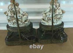 Antique Continental German Style Porcelain and Bronze Table Lamps, Couple, 23 H