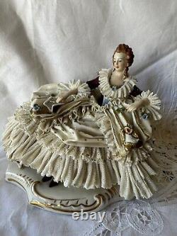 Antique Dresden Germany Volkstedt Lace Porcelain Figurine Reclining on Chaise