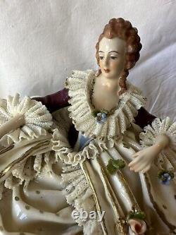 Antique Dresden Germany Volkstedt Lace Porcelain Figurine Reclining on Chaise