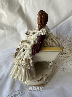 Antique Dresden Germany Volkstedt Lace Porcelain Figurine Reclining on Chaise