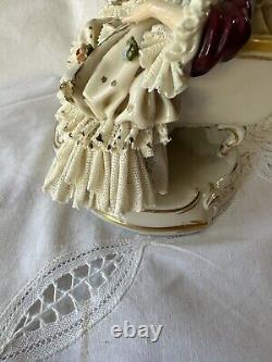 Antique Dresden Germany Volkstedt Lace Porcelain Figurine Reclining on Chaise