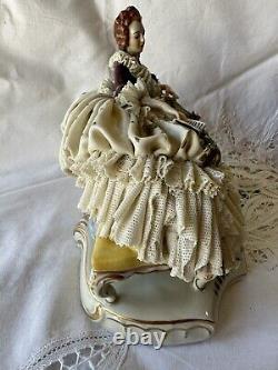 Antique Dresden Germany Volkstedt Lace Porcelain Figurine Reclining on Chaise