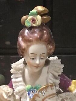 Antique Dresden Lace German Porcelain Lady Figurine Crown Mark