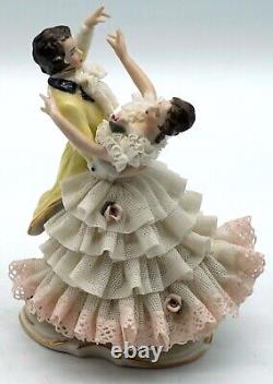 Antique Dresden Lace Porcelain Dancing Couple Figurine Marked D inside a Crown