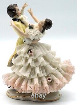 Antique Dresden Lace Porcelain Dancing Couple Figurine Marked D inside a Crown