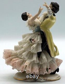 Antique Dresden Lace Porcelain Dancing Couple Figurine Marked D inside a Crown