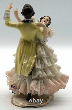 Antique Dresden Lace Porcelain Dancing Couple Figurine Marked D inside a Crown