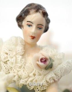 Antique Dresden Lace Porcelain Dancing Couple Figurine Marked D inside a Crown