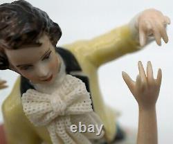 Antique Dresden Lace Porcelain Dancing Couple Figurine Marked D inside a Crown