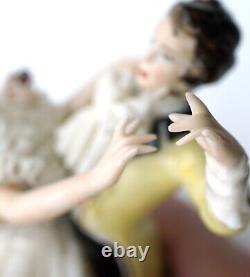 Antique Dresden Lace Porcelain Dancing Couple Figurine Marked D inside a Crown