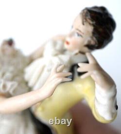 Antique Dresden Lace Porcelain Dancing Couple Figurine Marked D inside a Crown